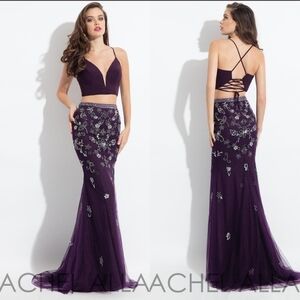 Rachel Allan 6042 Aubergine Mesh Floral Beaded Lace-up Two-Piece Mermaid Dress